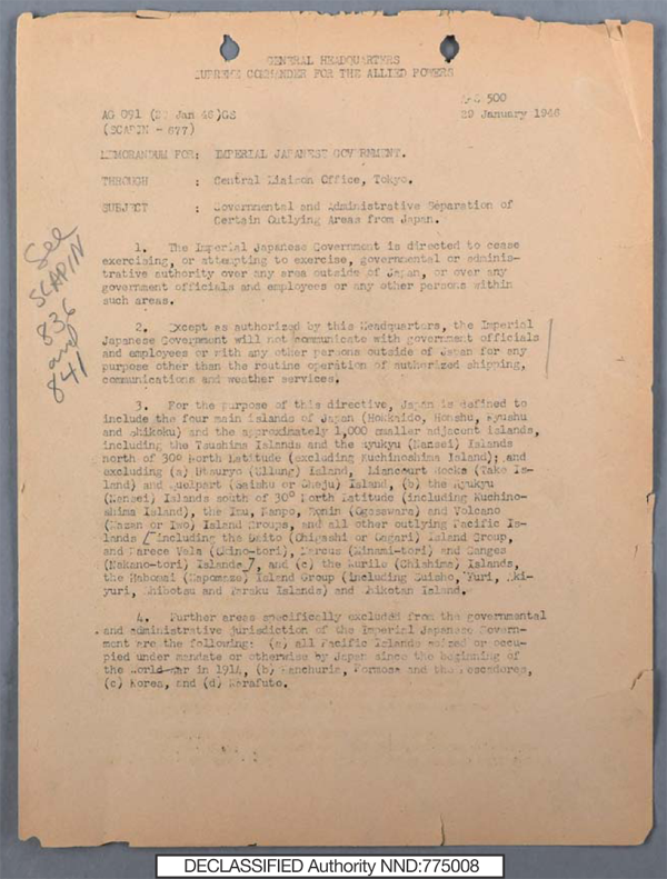Governmental and Administrative Separation of Certain Outlying Areas from Japan (SCAPIN-677) (January 29, 1946)
