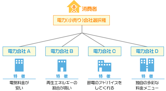 【消費者】電力（小売り）会社選択権【電力会社A】電気料金が安い【電力会社B】再生エネルギーの割合が高い【電力会社C】節電のアドバイスをしてくれる【電力会社D】独自の多彩な料金メニュー