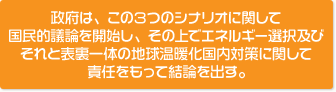 政府は、この３つのシナリオに関して国民的議論を開始し、その上でエネルギー選択及びそれと表裏一体の地球温暖化国内対策に関して責任をもって結論を出す。