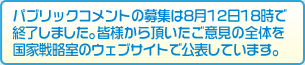 パブリックコメントの募集は8月12日18時で終了しました。皆様から頂いたご意見の全体を国家戦略室のウェブサイトで公表しています。